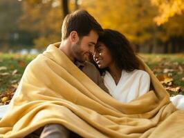 amoroso interracial casal é desfrutando uma romântico outono dia ai generativo foto