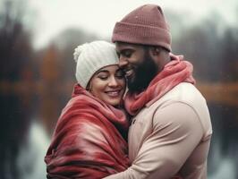 amoroso interracial casal é desfrutando uma romântico outono dia ai generativo foto