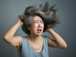 50. ano velho ásia mulher dentro emocional dinâmico pose em sólido fundo ai generativo foto