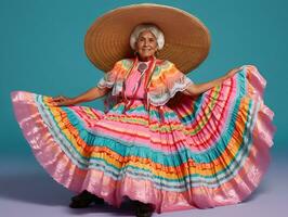 50. ano velho mexicano mulher dentro emocional dinâmico pose em sólido fundo ai generativo foto