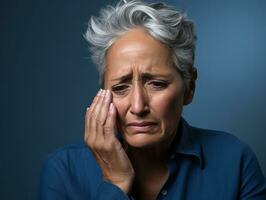 50. ano velho mexicano mulher dentro emocional dinâmico pose em sólido fundo ai generativo foto