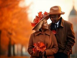 amoroso velho africano americano casal é desfrutando uma romântico outono dia ai generativo foto