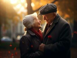 amoroso velho casal é desfrutando uma romântico outono dia ai generativo foto