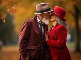 amoroso velho casal é desfrutando uma romântico outono dia ai generativo foto