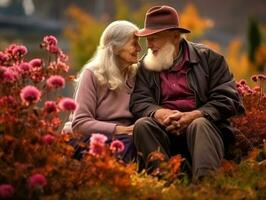 amoroso velho casal é desfrutando uma romântico outono dia ai generativo foto