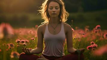 mulher meditando, ioga prática, ginástica bem ser, saúde, generativo ai foto