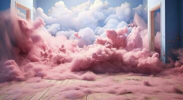 generativo ai, Rosa magenta fantástico 3d nuvens dentro a quarto interior, céu e panorama. □ Gentil cores e com brilhante luzes. foto
