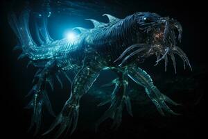 desconhecido profundo mar leviatã recortado contra uma luminescente embaixo da agua pano de fundo foto