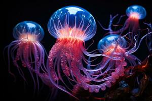 profundo mar criaturas iluminador uma Sombrio aquático abismo com vibrante matizes foto