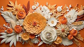 generativo ai, papel cortar construir flores e folhas, Damasco A paixão súbita laranja cor, origami texturizado fundo, Primavera humor. floral quadro, Armação layout. foto