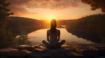 mulher meditando, ioga prática, ginástica bem ser, saúde, generativo ai foto