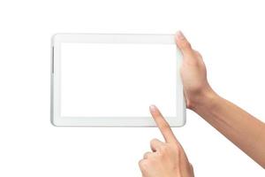 mão usando computador tablet em fundo branco com traçado de recorte foto