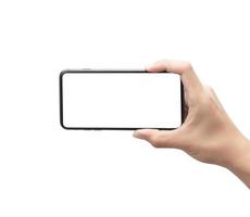 mão segurando smartphone em fundo branco com traçado de recorte foto