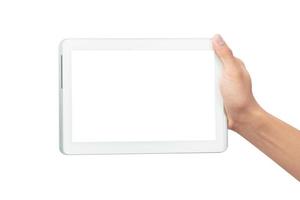 mão segurando o computador tablet em fundo branco com traçado de recorte foto