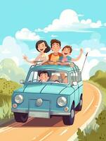 ai generativo feliz família mãe e crianças meninas vai para verão viagem viagem dentro a carro foto
