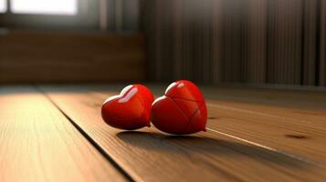 ai generativo namorados cartão dois vermelho corações em uma de madeira borda foto