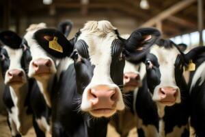 vacas dentro moderno laticínios Fazenda foto