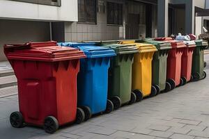 Lixo plástico containers em a cidade rua, Lixo pode. ecológico conceito. Ordenação lixo. ai gerado ilustração. foto