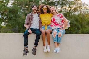 feliz jovem companhia do sorridente amigos sentado dentro parque foto