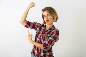 jovem emocional mulher dentro xadrez camisa foto