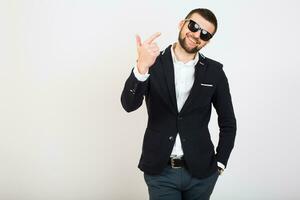 jovem bonito à moda hipster homem dentro Preto jaqueta, o negócio estilo foto