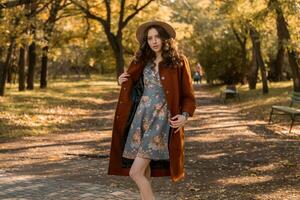 atraente à moda mulher caminhando dentro parque vestido dentro caloroso Castanho casaco foto