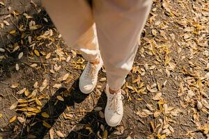 fechar-se pernas do mulher caminhando dentro outono parque moda estilo tendência vestindo sapatos foto