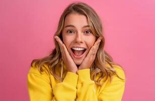 jovem bonita Loiras mulher fofa face expressão posando dentro amarelo moletom com capuz foto