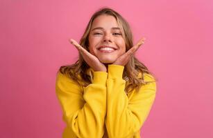 jovem bonita Loiras mulher fofa face expressão posando dentro amarelo moletom com capuz foto