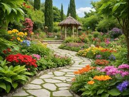 uma jardim preenchidas com grande quantidade do flores e uma gazebo. ai gerado foto