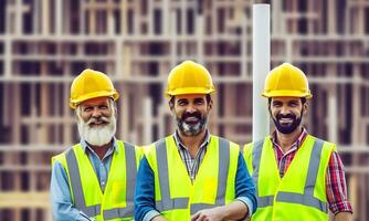 construção local trabalhadores em pé com guardada braços vestindo segurança coletes e capacetes. foto