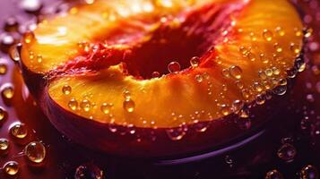 generativo ai, brilhante fatia do suculento maduro ameixa e água gotas, macro do verão fruta foto