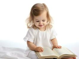bebê menina lendo Bíblia livro. adoração às lar. foto