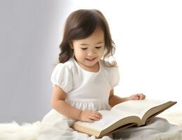 bebê menina lendo Bíblia livro. adoração às lar. foto