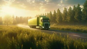 generativo ai, verde caminhão dirigindo em a asfalto estrada dentro rural panorama às pôr do sol. foto
