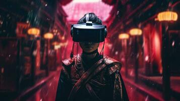 generativo ai, lindo ásia pessoa dentro samurai terno dentro vr óculos dentro néon espaço rua, virtual realidade fone de ouvido dentro ciberespaço foto