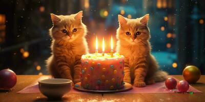 generativo ai, gato aniversário festa, bolo com uma velas foto