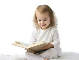 bebê menina lendo Bíblia livro. adoração às lar. foto