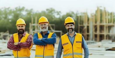 construção local trabalhadores em pé com guardada braços vestindo segurança coletes e capacetes. foto