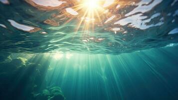 generativo ai, Sombrio azul oceano superfície visto a partir de embaixo da agua com Sol luz foto