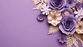 generativo ai, papel cortar construir flores e dourado folhas, luz roxo, digital lavanda cor, floral origami texturizado fundo, Primavera humor. foto