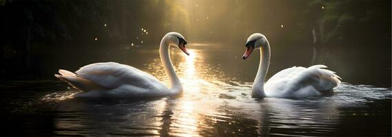 dois branco cisnes dentro romântico amor às lago foto