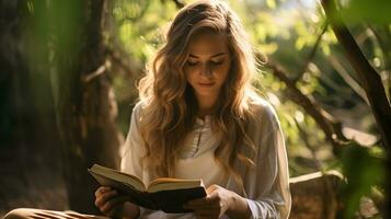 lindo caucasiano menina lendo piedosos Bíblia livro dentro selva foto