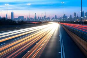 Tempo lapso fotografia do veículo luzes em a ponte às noite dentro cidade foto