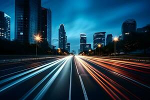 Tempo lapso fotografia do veículo luzes em a ponte às noite dentro cidade foto