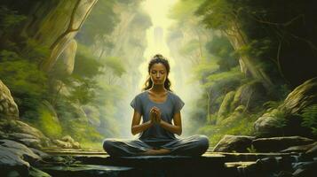 mulher meditando, ioga prática, ginástica bem ser, saúde, generativo ai foto