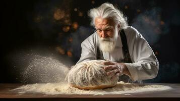 generativo ai, velho homem mãos do padeiro dentro restaurante ou casa cozinha, prepara ecologicamente natural pastelaria. foto