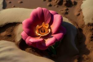 uma Rosa flor sentado em topo do uma arenoso de praia. ai gerado foto