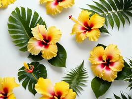 uma grupo do amarelo e vermelho flores em uma branco superfície. ai gerado foto