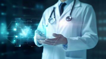 uma médico é segurando uma virtual dispositivo dentro dele mão ai generativo foto